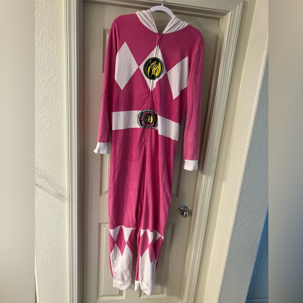 Pink power ranger zip onsie with hood and mesh eye covering